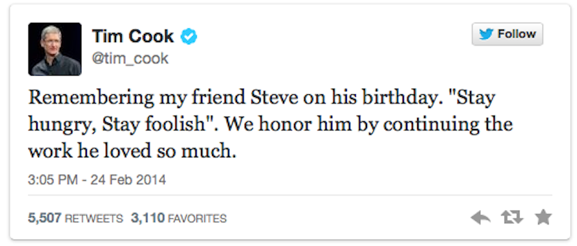 TWEET SEGUNDO Tim Cook recuerda a Steve Jobs hoy, el que hubiera sido su 59 cumpleaños