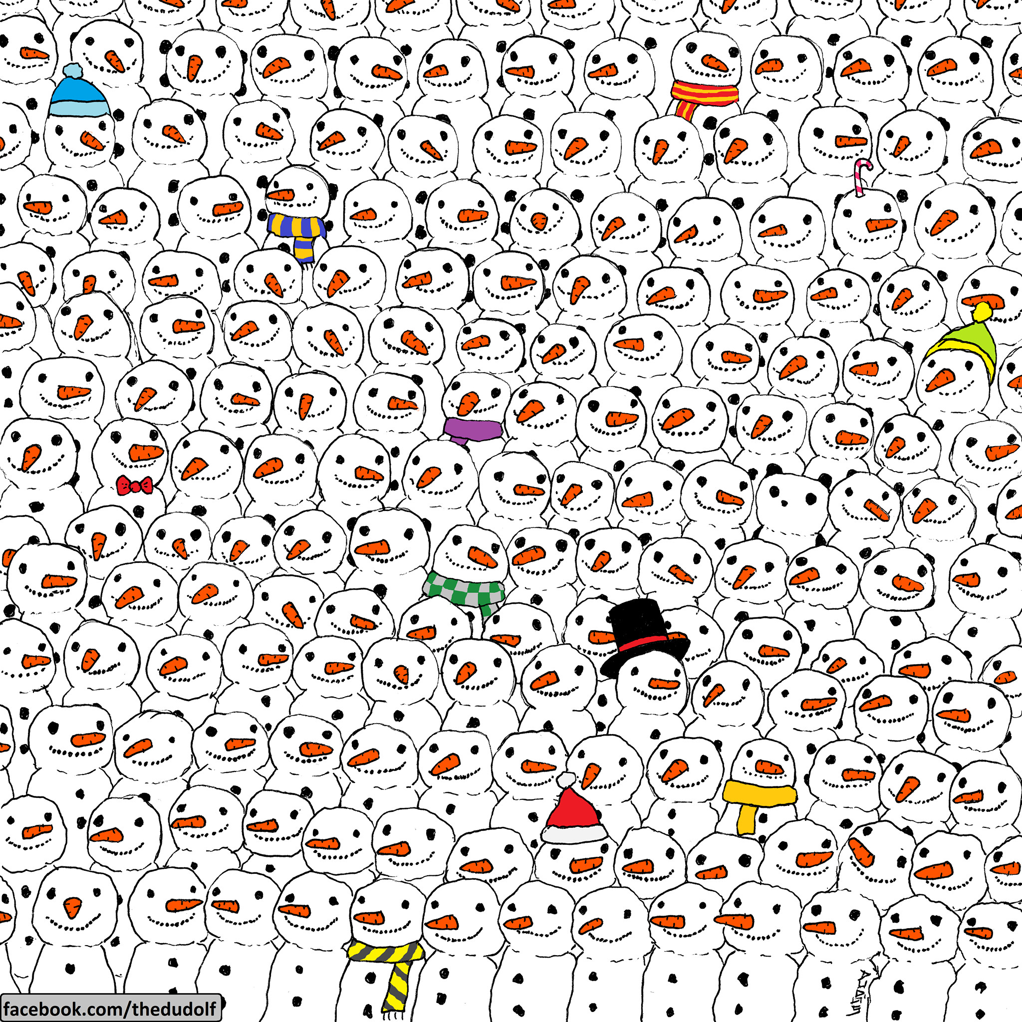 imagen de un panda oculto entre muñecos de nieve