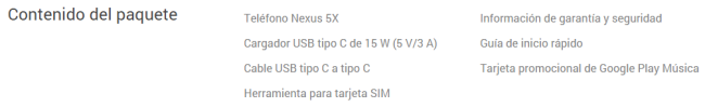 Accesorios incluidos en el Nexus 5X